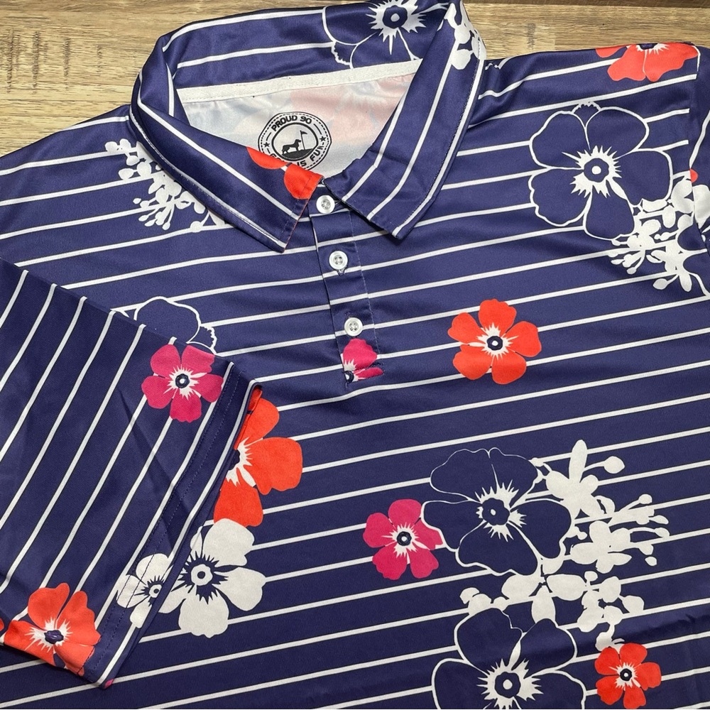 Proud 90 Performance Stretch Polo Shirt Hawaiian Floral Print Men's XL‎ Purple